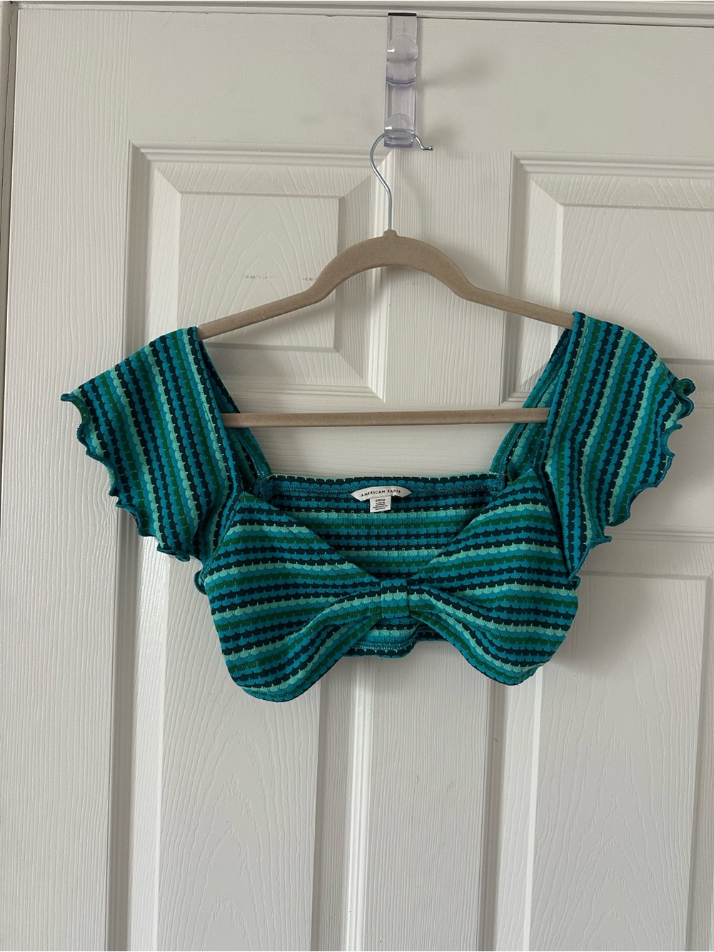 American Eagle Outfitters Teal & Dark Green Striped Tie-Front Crop Top